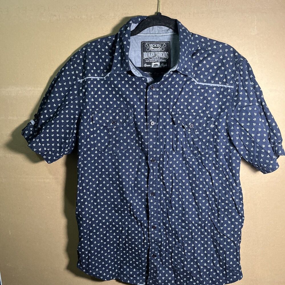 Broken Threads Mens Large Navy Anchor Print Western Short Sleeve Button Down(41)